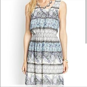 Forever 21 Contemporary Cream Blue Paisley Floral Print T-Back Cinched Dress S